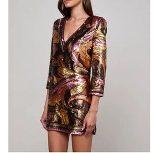 L'AGENCE Octavia Octavia Sequin Shift Dress Multicolor Sequin V-Neck Dress